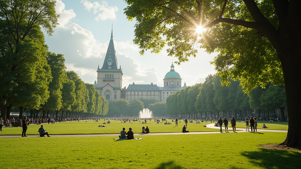 Wide angle view of a sunny park filled with people enjoying the day