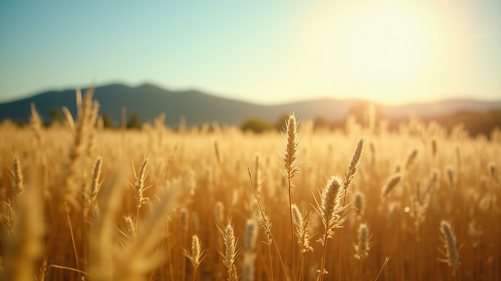 Eye-level view of an open field bathed in bright sunlight.
