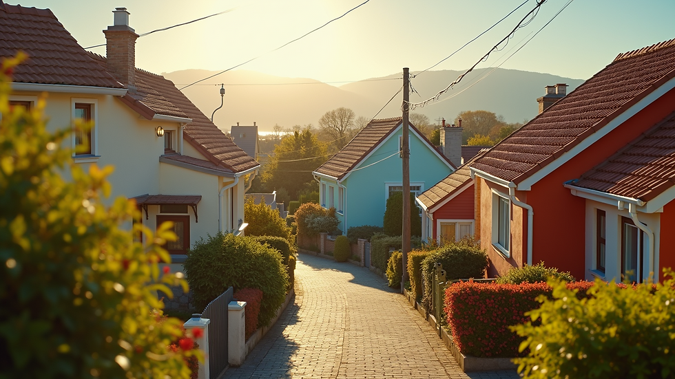 High angle view of a sunlit neighborhood with colorful houses