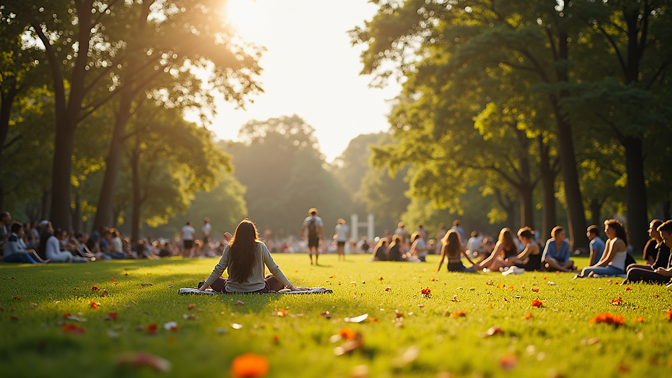 Wide angle view of a sunny park with people enjoying the weather