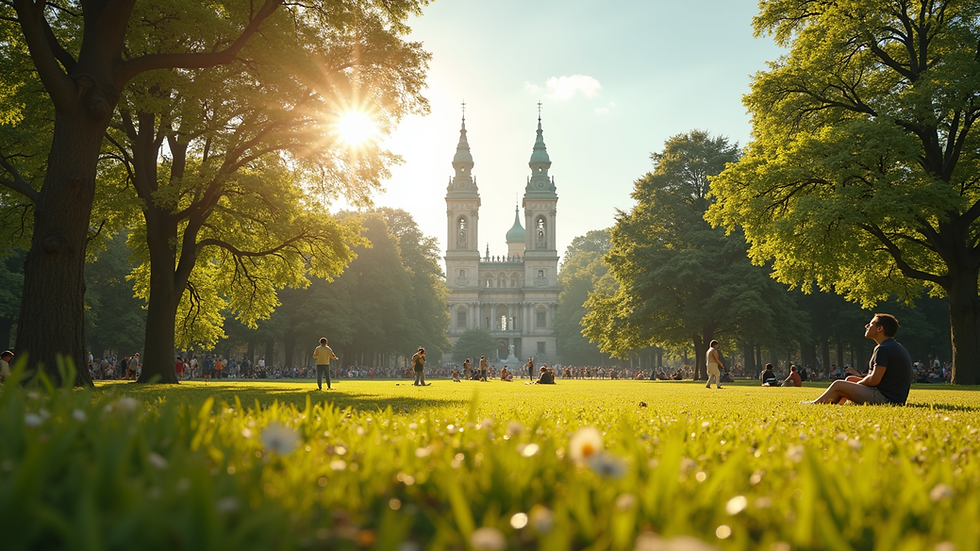 Wide angle view of a sunny park with people enjoying their day