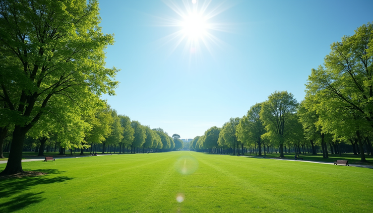 High angle view of a sunny park with green trees and clear blue sky