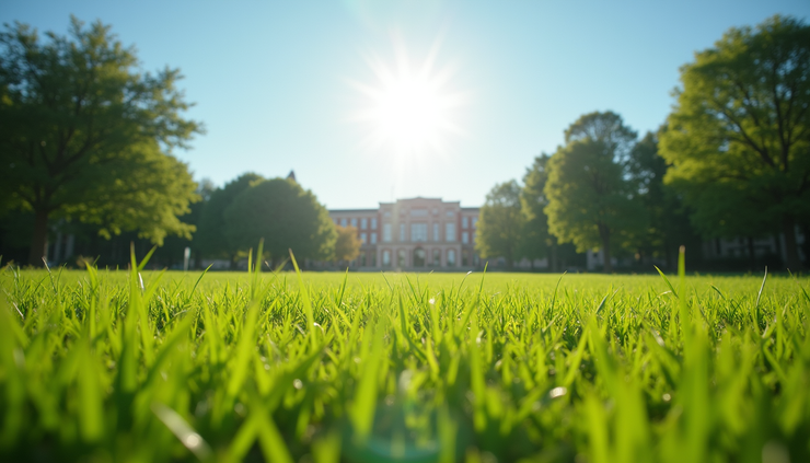 High angle view of a sunny park with green grass and blue sky