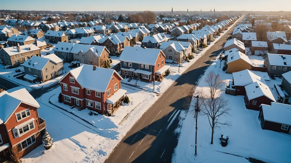 High angle view of a snow-covered neighborhood street