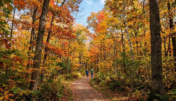 Wide-angle view of a sunny fall trail through a wooded park.