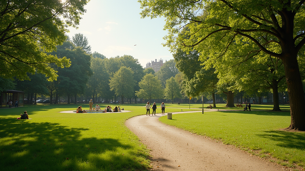 Wide angle view of a sunny park with people enjoying the outdoors