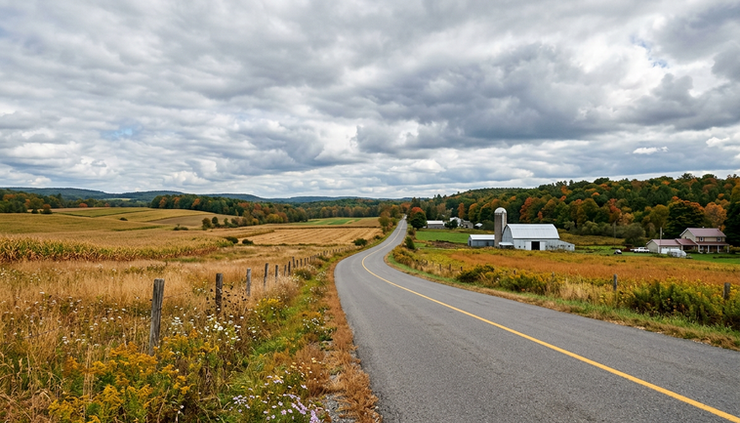 Wide-angle view of a quiet Central New York country road under increasing clouds