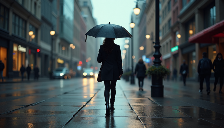 Eye-level view of a person walking on a wet sidewalk with umbrella