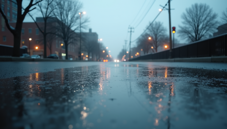 High angle view of wet pavement with raindrops and cloudy sky