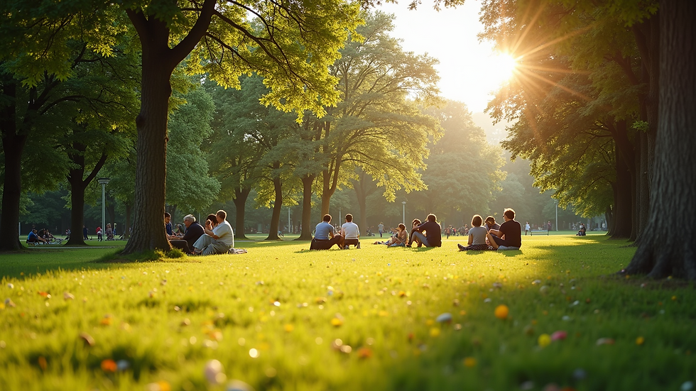 Wide angle view of a sunny park with people enjoying the outdoors