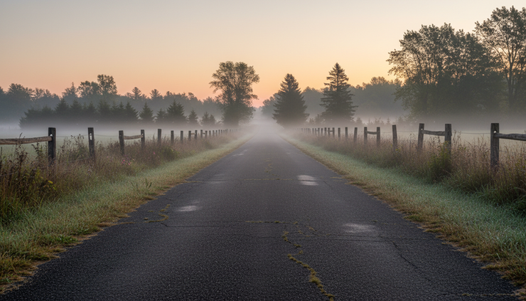 Eye-level view of a foggy country lane with trees fading into the distance.