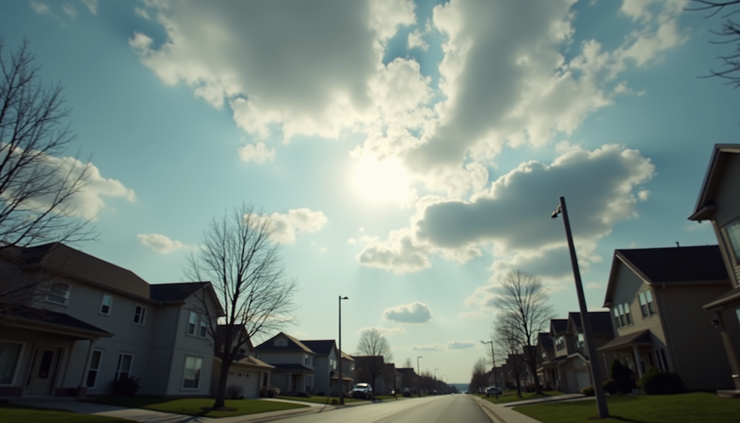Eye-level view of partly cloudy sky with sun breaking through clouds