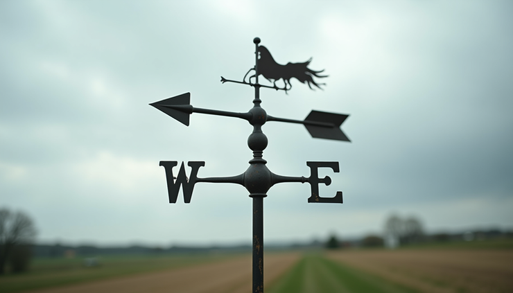Close-up view of a weather vane spinning in moderate wind under cloudy sky