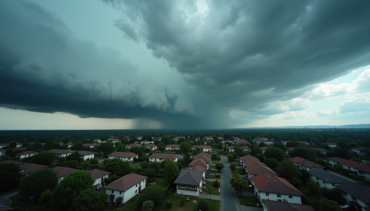 High angle view of dark clouds gathering over a suburban neighborhood