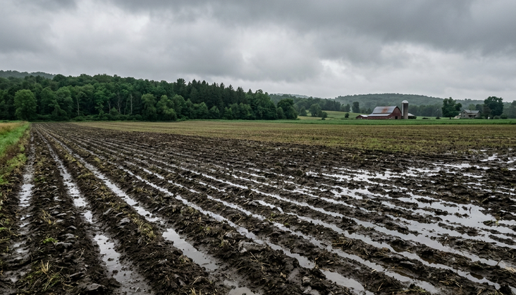 Wide-angle view of a rain-soaked field under low gray clouds.