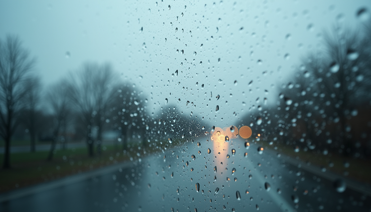 Close-up view of raindrops on a window with a cloudy sky outside