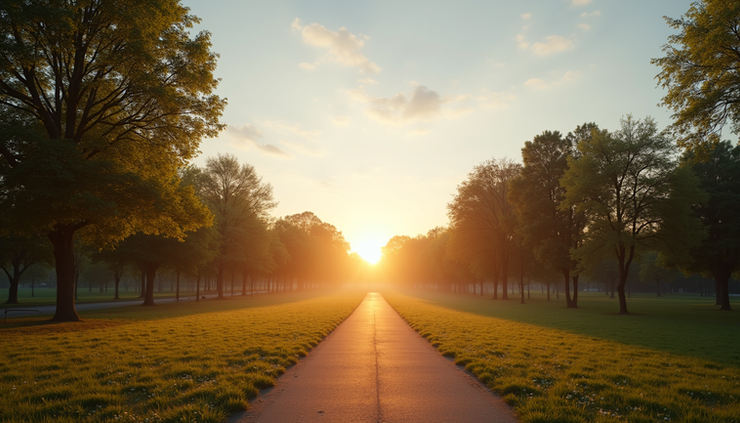 Wide angle view of a clear sky with the sun rising over a quiet park