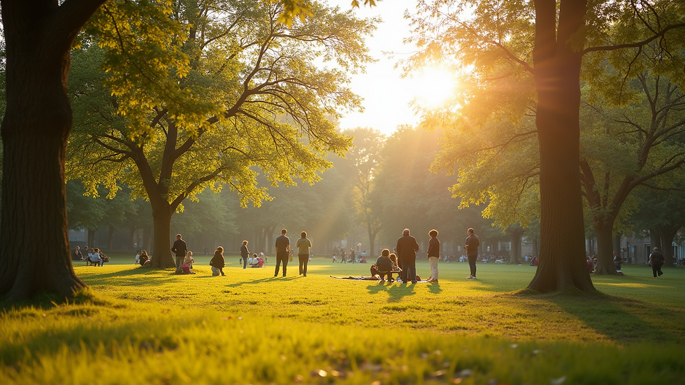Wide angle view of a sunny park with people enjoying the outdoors