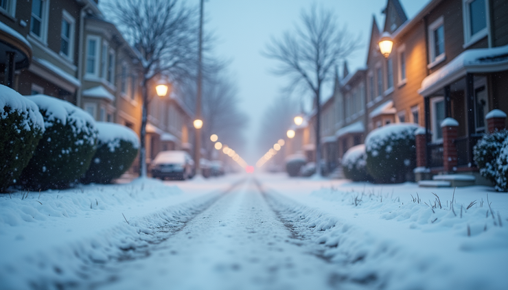 Eye-level view of snow-covered street with light snow falling