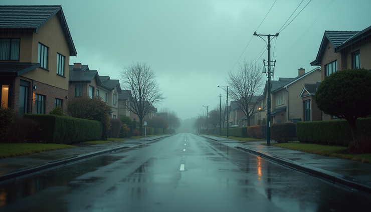 Eye-level view of a cloudy sky with light rain falling over a suburban neighborhood