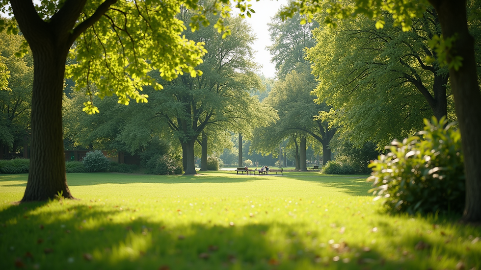 Wide angle view of a sunny park with greenery