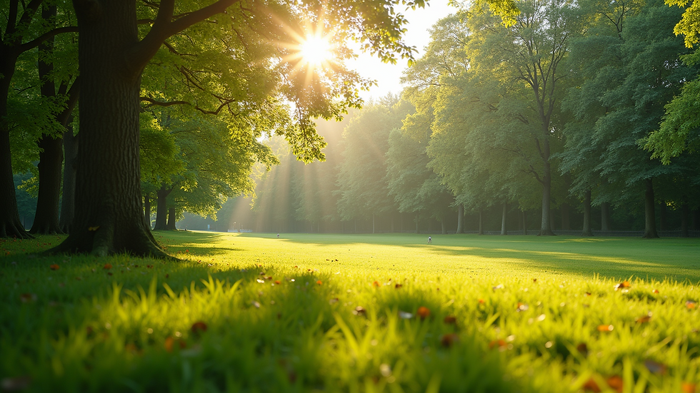 High angle view of a sunlit park filled with greenery