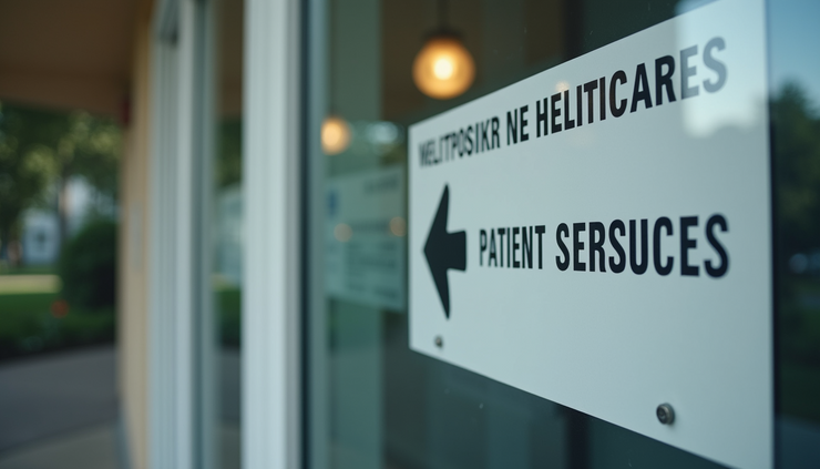 Close-up view of a healthcare facility entrance with a sign about patient services
