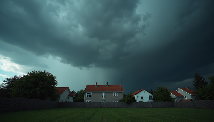 Eye-level view of dark clouds gathering over a suburban neighborhood before a thunderstorm