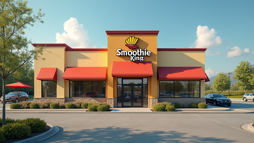 Wide angle view of the exterior of the Smoothie King building