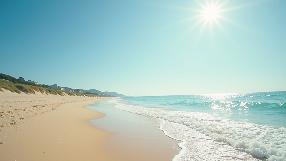 Wide angle view of a sunny beach with gentle waves
