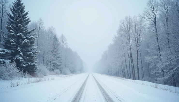 High angle view of snow-covered trees and roads during early morning
