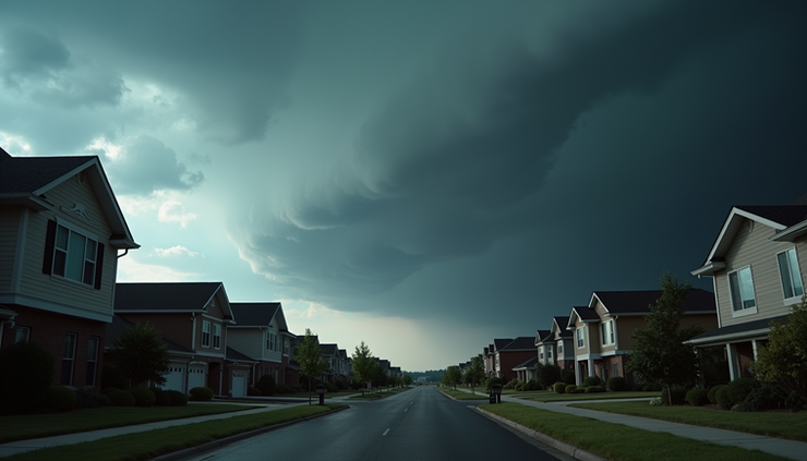 Eye-level view of dark clouds gathering over a suburban neighborhood