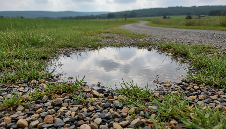 Close-up view of a small puddle reflecting a cloudy sky beside green grass.