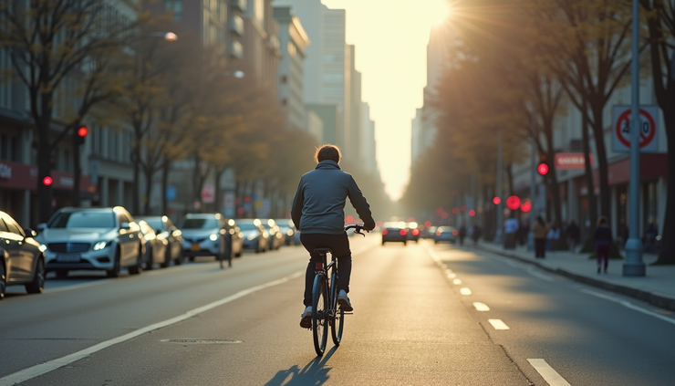 High angle view of a student riding a bicycle near New York Central campus