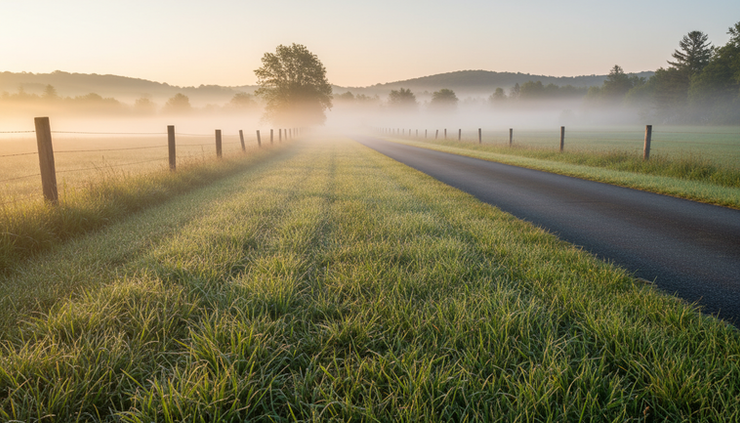 Eye-level view of light fog hanging over a grassy field near a quiet country lane