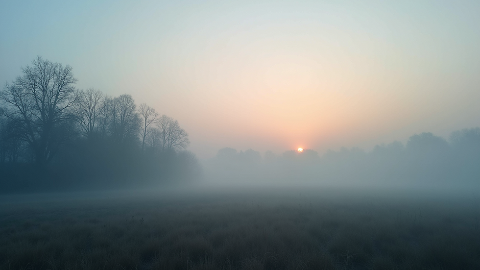 Close-up view of a foggy evening landscape