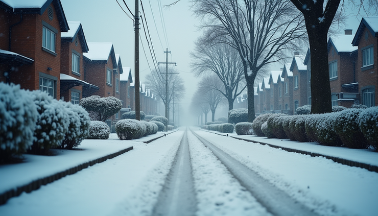 Eye-level view of snow-covered residential street with light snow falling