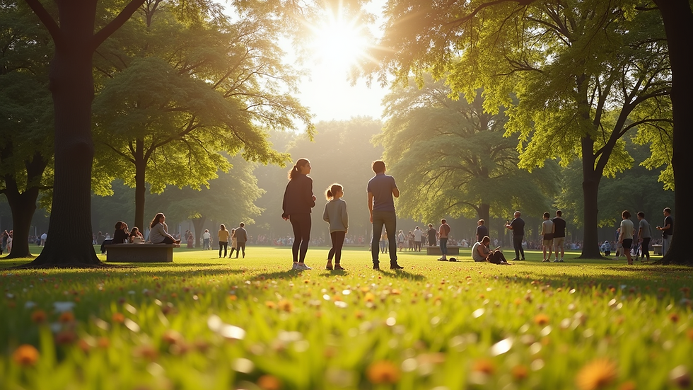 High angle view of a sunny park with people enjoying the outdoors