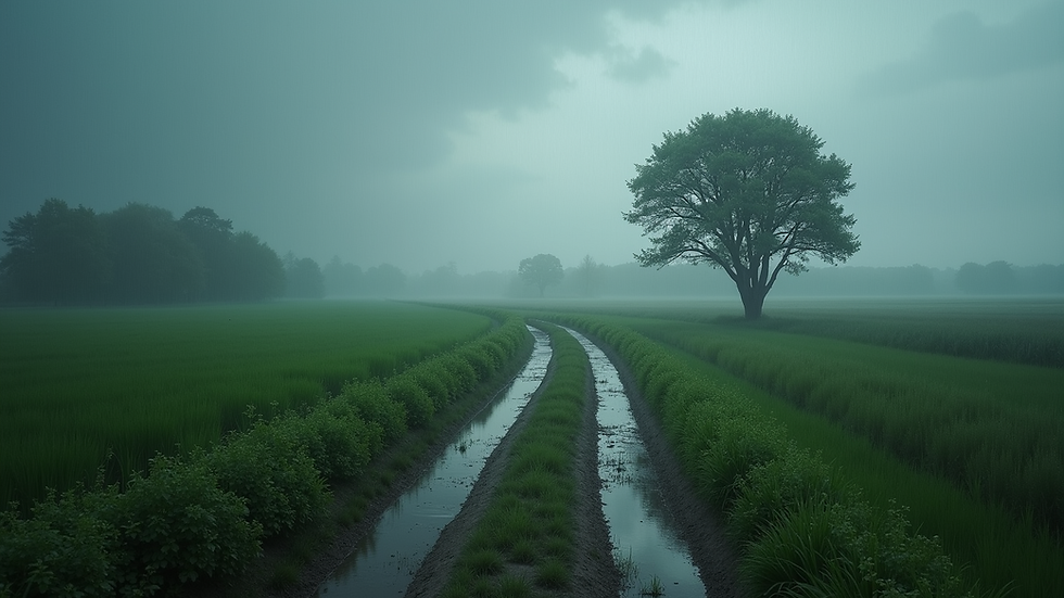 Wide angle view of a serene landscape after a rainstorm