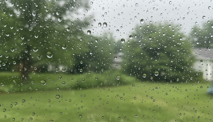 Close-up view of raindrops on a window with a blurry green backyard beyond