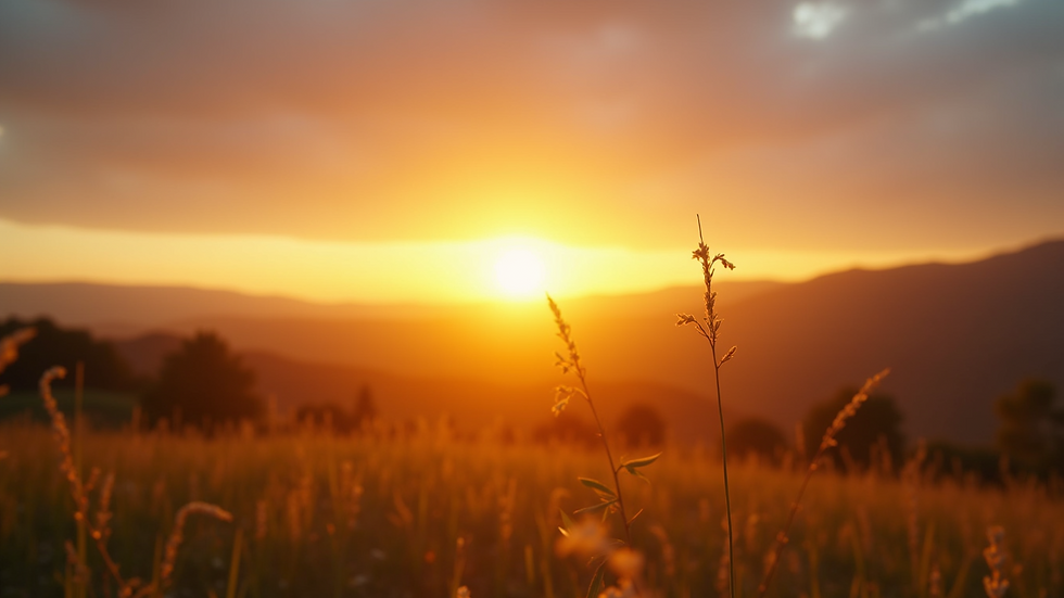Eye-level view of a bright sunrise over a serene landscape