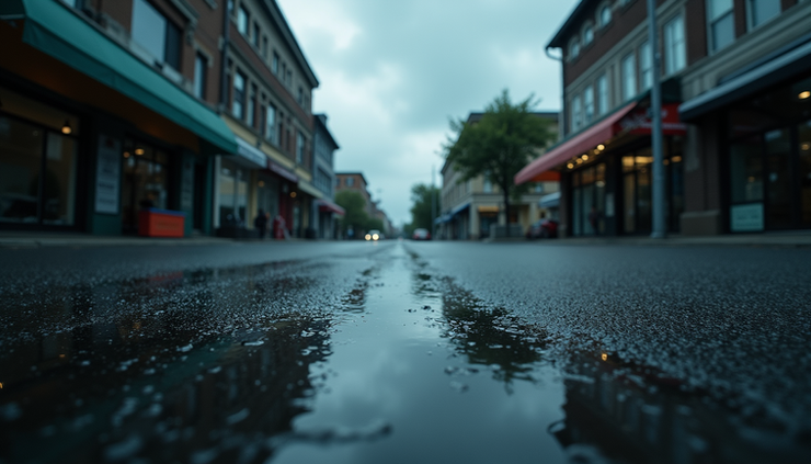 Wide angle view of wet street with rain puddles and dark storm clouds overhead