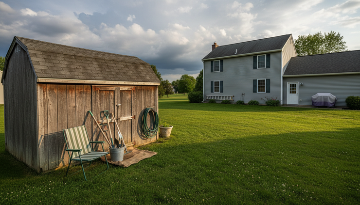 High-angle view of a backyard with a folded chair, garden tools, and cloudy skies approaching.