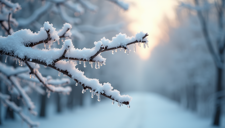 Close-up view of snow-covered tree branches with frost