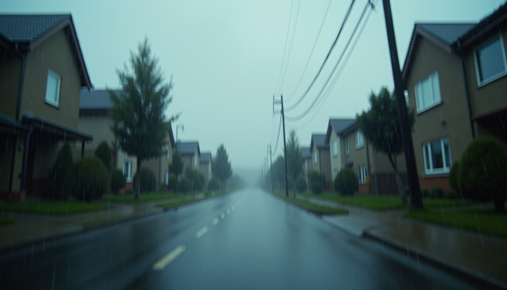 Eye-level view of cloudy sky with light rain falling over a suburban neighborhood