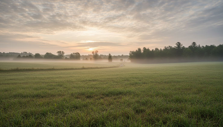 Wide-angle view of a misty Central New York field at sunrise.