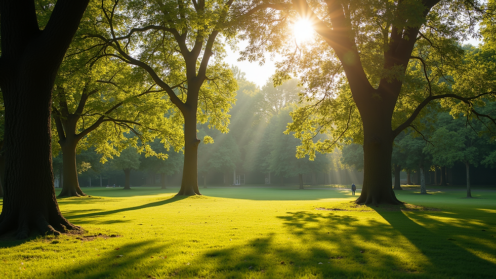 Wide angle view of a sunny park with trees