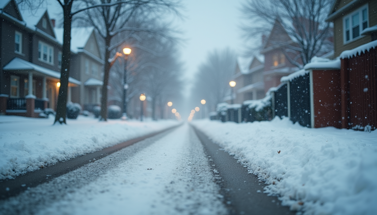 Eye-level view of snow-covered street with light snow falling