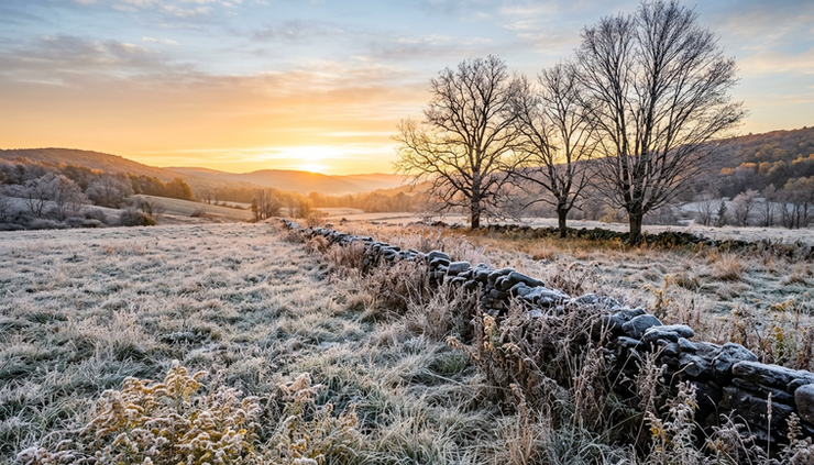 Wide-angle view of frost on a rural Central New York field at sunrise.