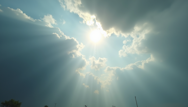 High angle view of a partly cloudy sky with sun breaking through and light rain in the distance